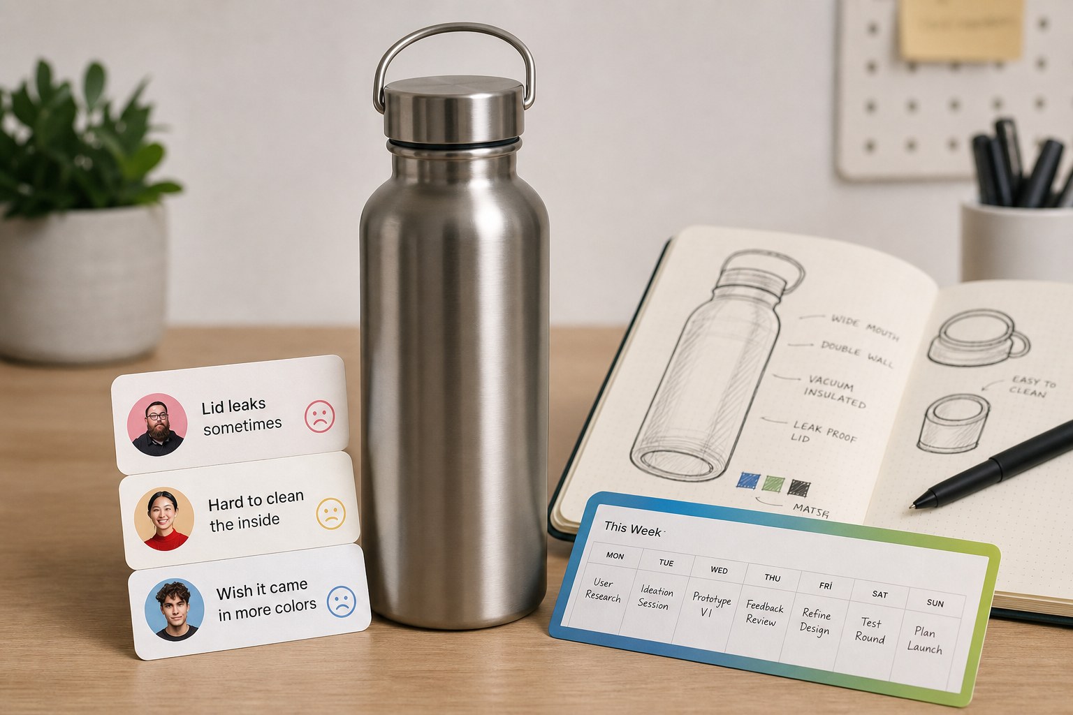 Product feedback comment cards next to a water bottle and a product notebook