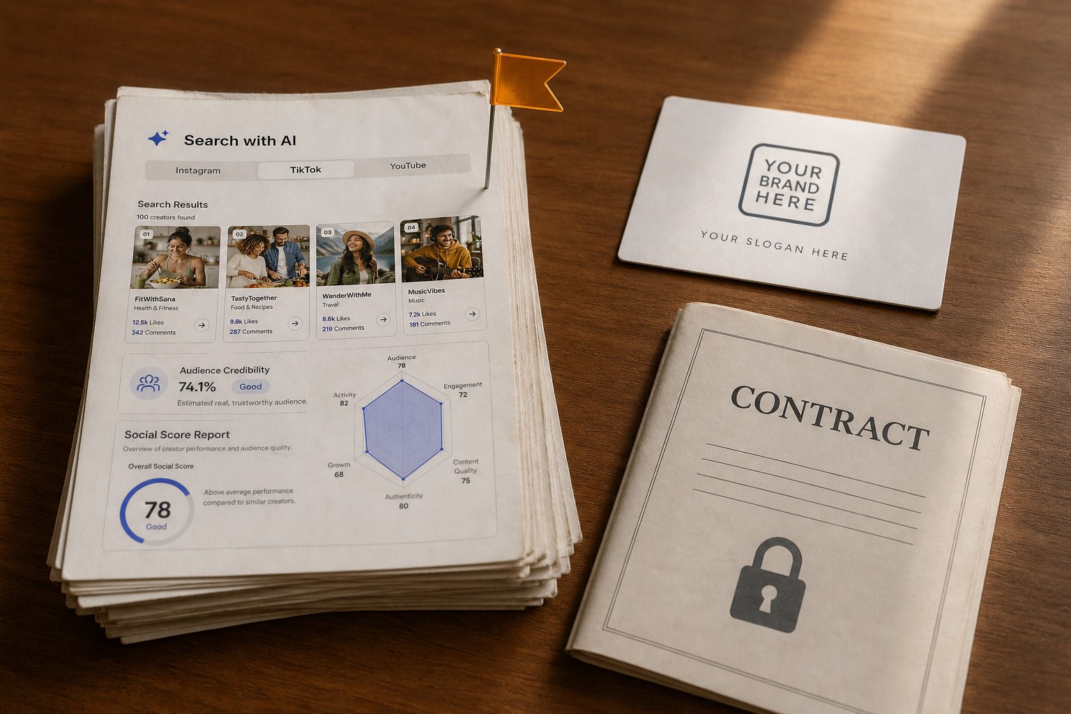 Stack of past posts with one flagged page next to a brand logo card, showing the content safety check