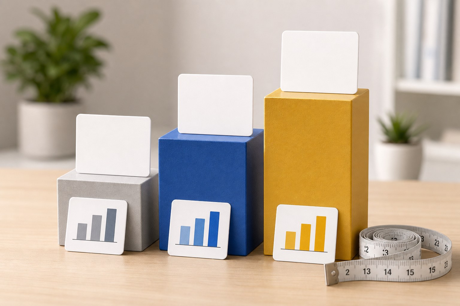 Three brand blocks of different heights with a measuring tape, showing where a brand stands against competitors