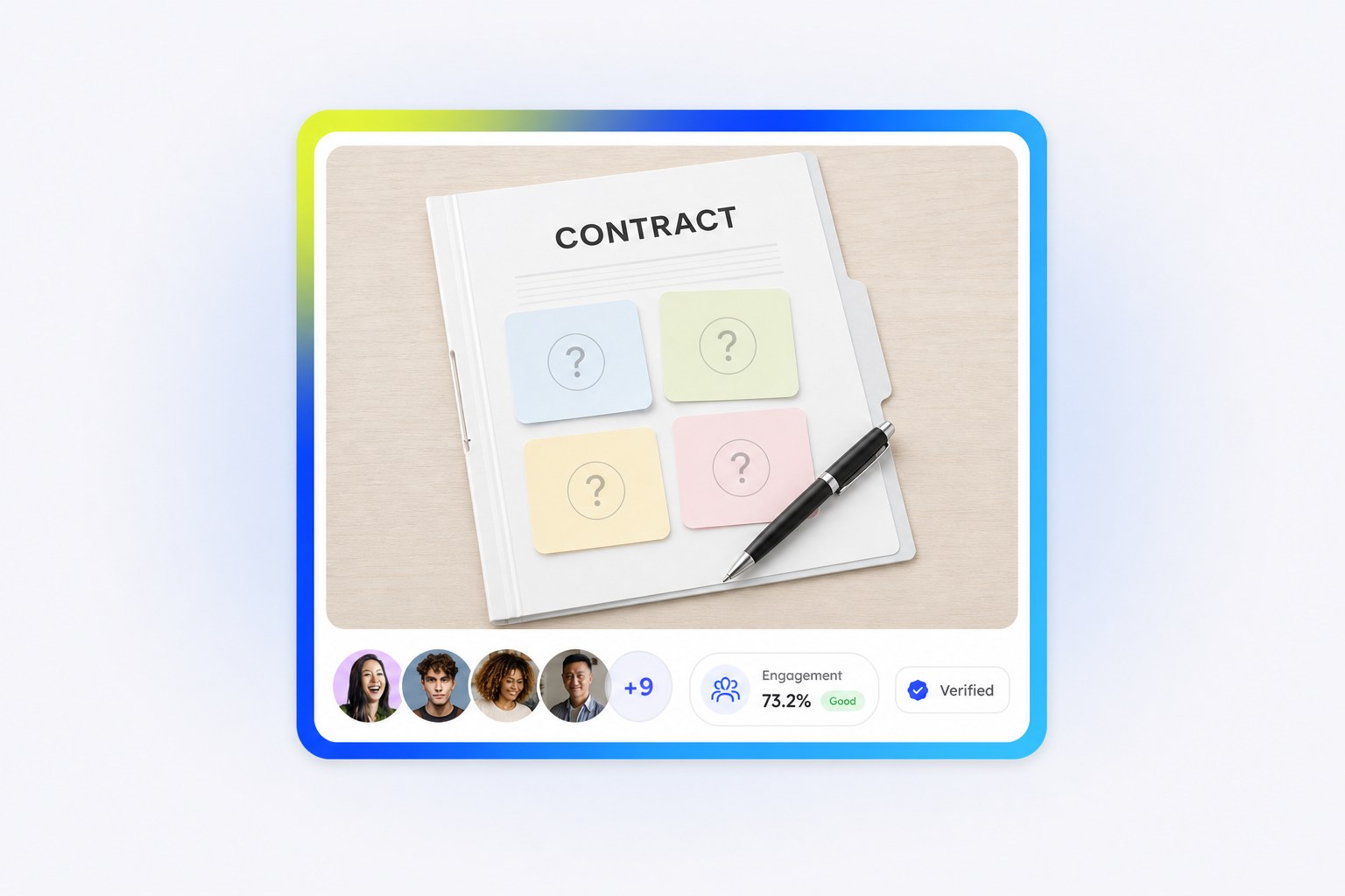 Contract with four sticky notes, representing questions to ask before choosing an influencer platform